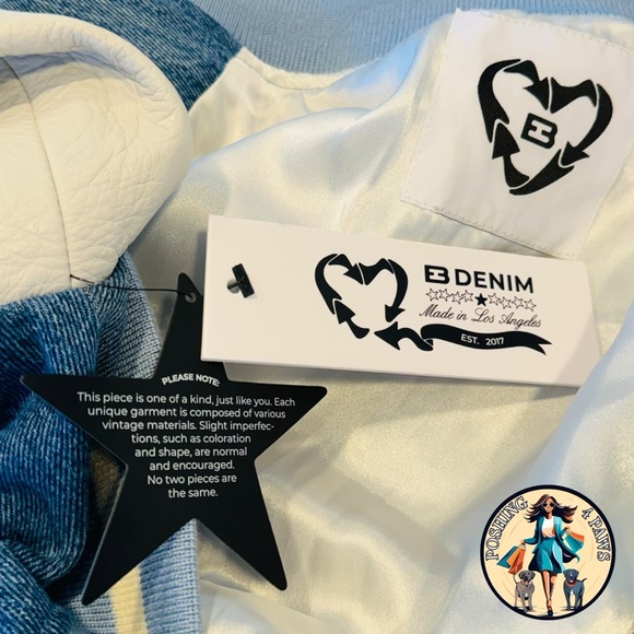 EB Denim Cropped Varsity Denim Patchwork Leather Jacket in Blue & White Size L - Picture 12 of 14